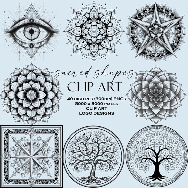 40 Sacred Geometry Clip Art Bundle, Sacred Geometry PNG, Sacred Geometry Clipart, Geometric Designs, Mandala PNG, Tree of Life, Lotus Logo