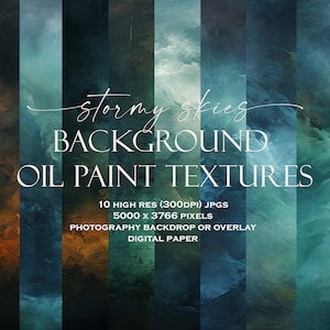 Op de afbeelding: Een verzameling van tien digitale olieverftexturen in tinten blauw, blauwgroen en goud. De afbeelding bevat de tekst "stormy skies BACKGROUND OIL PAINT TEXTURES" en details over de resolutie en het gebruik als fotografie-achtergrond of overlay.