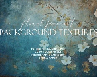 Może przedstawiać: Dziesięć cyfrowych tapet o wysokiej rozdzielczości z teksturą w kolorze niebieskim i brązowym z białymi kwiatami. Tekst "floral fine art BACKGROUND TEXTURES" znajduje się w górnej części obrazu. Tekst "10 HIGH RES (300DPI) JPGS 5000 x 3333 PIXELS PHOTOGRAPHY BACKDROP DIGITAL PAPER" znajduje się w dolnej części obrazu.