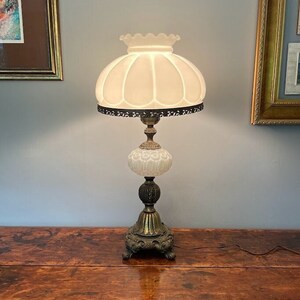 Antique 1940s White Milk Glass & Brass Lamp (Melon-Ribbed White Milk Glass Shade Parlor Lamp)