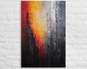 Peut inclure: Peinture abstraite avec des coups de pinceau verticaux dans des tons de rouge, orange, jaune, gris et noir. La peinture a une surface texturée et un style moderne.