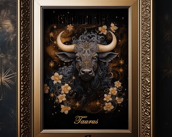 Taurus stjärnteckenaffisch: Gotisk astrologi konsttryck (digital nedladdning)