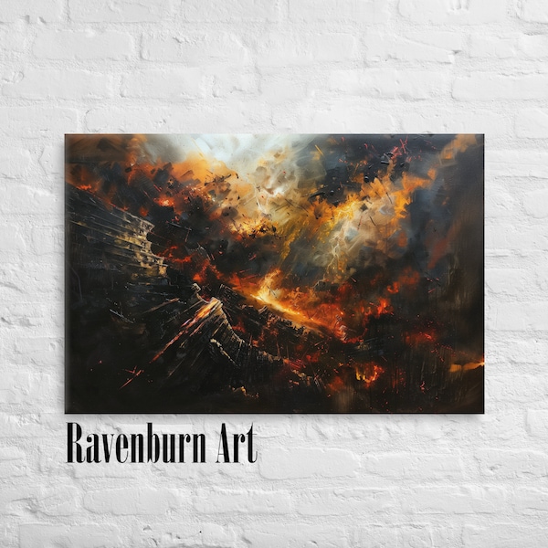 Destruction Canvas Wrap - Abstract Oil Painting Style Art. Chaos of Fire, Smoke and Explosions. Beautiful Home Decor Conversation Piece.