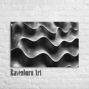 May include: Black and white abstract art print featuring a wavy, rippling pattern. The print has a textured, 3D effect.