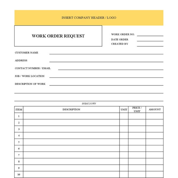 Template, Editable, A4 - Work Oder Request Form