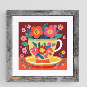 Bunte Teetasse mit Blumen Kreuzstichmuster (PDF Download)