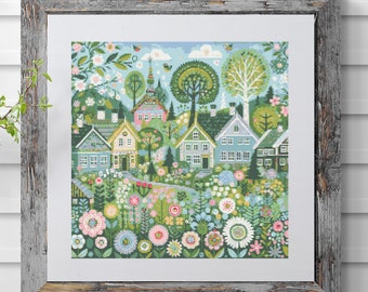 Whimsical Village Cross Stitch Pattern: Folk Art Town (PDF Download)