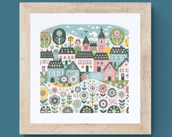 Village Houses Cross Stitch Pattern: Folk Art Floral Town (PDF Download)