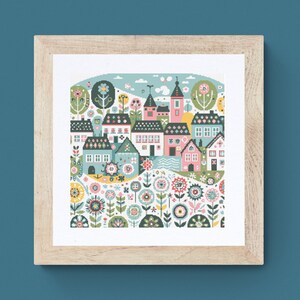 Village Houses Cross Stitch Pattern: Folk Art Floral Town (PDF Download)