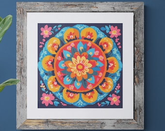 Patrón de punto de cruz de mandala floral: Diseño floral colorido (Descarga PDF)