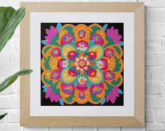 Patrón de punto de cruz de mandala floral: Diseño floral colorido (Descarga PDF)