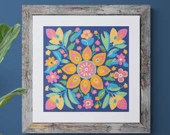 Patrón de punto de cruz de mandala floral: Diseño floral colorido (Descarga PDF)