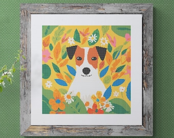 Jack Russell Dog Cross Stitch Pattern pdf instant download terrier folk art counted cross stitch pattern full coverage 200 x200 stitches