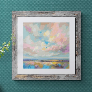 Pode incluir: Uma pintura emoldurada de uma paisagem com um céu colorido e um campo em primeiro plano. O céu é uma mistura de rosa, azul e amarelo, com nuvens brancas. O campo é uma mistura de verde, marrom e azul.
