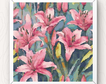 Pink Lilies Cross Stitch Pattern: Modern Watercolor Flowers (PDF Download)