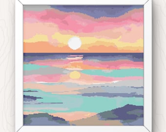 Sunset Seascape Cross Stitch Pattern: Coastal Beach Waves (PDF Download)