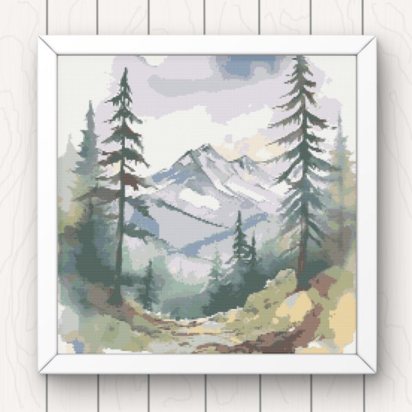 Forest and Mountains Cross Stitch Pattern landscape pdf instant download chart watercolour full coverage large