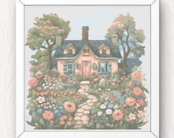 Cottage and Flower Garden Cross Stitch Pattern: Folk Art House (PDF Download)