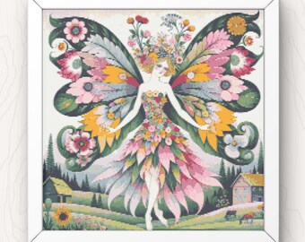 Flower Fairy Cross Stitch Pattern: Whimsical Floral Design (PDF Download)