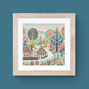 Village Cross Stitch Pattern houses pdf instant download folk art town counted cross stitch pattern whimsical full coverage large