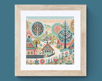 Village Cross Stitch Pattern houses pdf instant download folk art town counted cross stitch pattern whimsical full coverage large