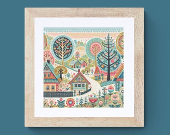 Whimsical Village Cross Stitch Pattern: Folk Art Town (PDF Download)