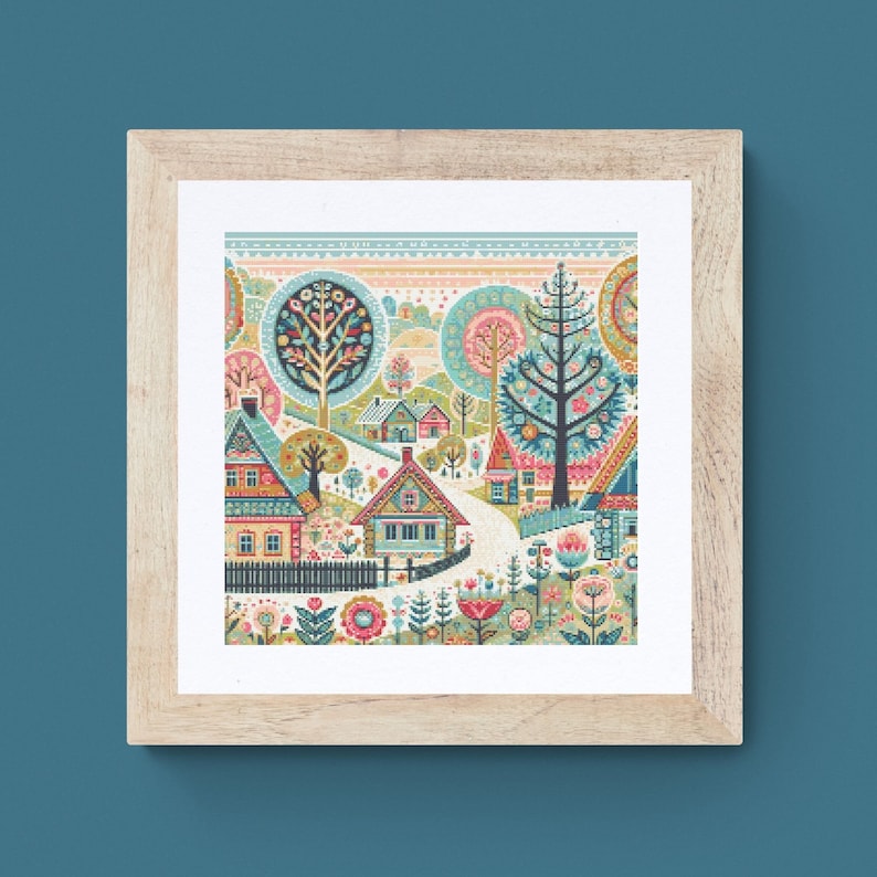 Village Cross Stitch Pattern houses pdf instant download folk art town counted cross stitch pattern whimsical full coverage large image 1