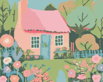 Cottage Garden Cross Stitch Pattern: House and Flowers (PDF Download)