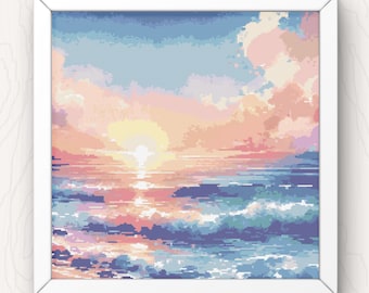 Schema punto croce tramonto sull'oceano: paesaggio marino sulla spiaggia (download PDF)