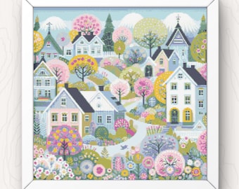 Colorful Village Cross Stitch Pattern: Whimsical Folk Art Town (PDF Download)