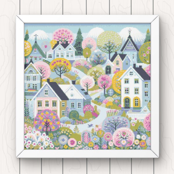 Village Cross Stitch Pattern houses pdf instant download colourful folk art town counted cross stitch chart whimsical full coverage large