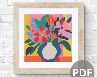 Retro Floral Cross Stitch Pattern: Abstract Flowers in Vase (PDF Pattern)