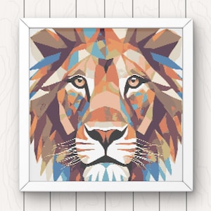 Löwe Kreuzstichmuster moderne geometrische Pdf sofortiger digitaler Download bunt wildes Tier große Katze Kreuzstichvorlage