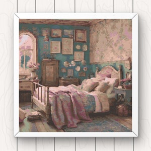 French Bedroom Cross Stitch Pattern: Full Coverage Interior (PDF Download)