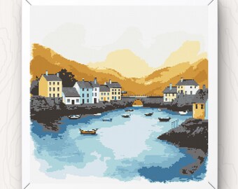 Seaside Village Cross Stitch Pattern coastal houses and harbour with boats pdf chart watercolour art download full coverage large
