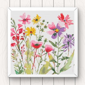 Wilde bloemen kruissteekpatroon pdf instant download bloemen natuur wilde bloemen weide planten kleurrijke botanische getelde kruissteekkaart