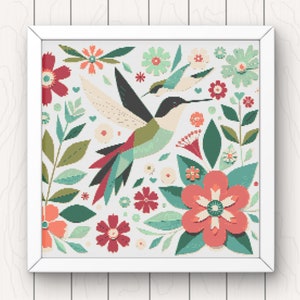 Hummingbirds and Flowers Cross Stitch Pattern  pdf instant download folk art counted cross stitch pattern chart