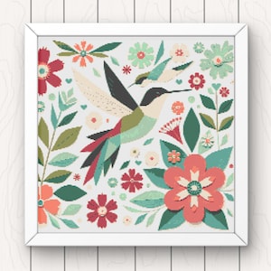 Hummingbird Cross Stitch Pattern: Folk Art Floral Design (PDF Pattern)