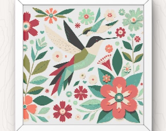 Hummingbird Cross Stitch Pattern: Folk Art Floral Design (PDF Pattern)