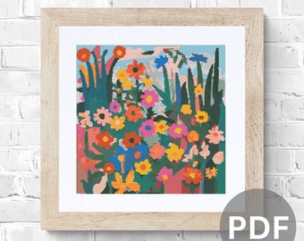 Abstract Floral Meadow Cross Stitch Pattern: Colorful Flowers (PDF Pattern)