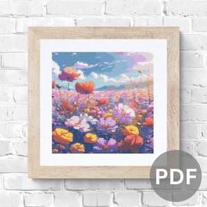 Anime Flower Meadow Cross Stitch Pattern: Floral Landscape (PDF Download)