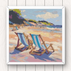Deck Chairs Cross Stitch Pattern beach ocean summer pdf instant download colourful seascape counted cross stitch pattern chart large
