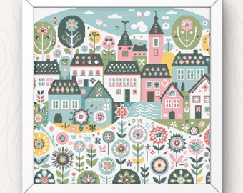 Village Cross Stitch Pattern: Folk Art Houses and Flowers (PDF Download)