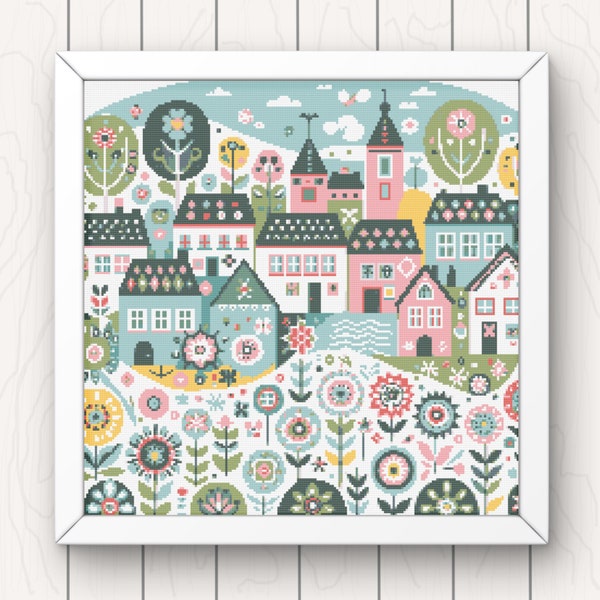 Village Cross Stitch Pattern houses and flowers pdf instant download folk art town counted cross stitch chart whimsical full coverage large