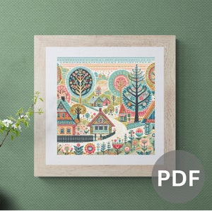 Village Cross Stitch Pattern houses pdf instant download folk art town counted cross stitch pattern whimsical full coverage large image 7