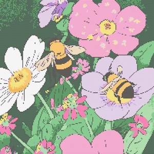 Bees and Flowers Cross Stitch Pattern: Nature Full Coverage (PDF Download)