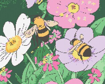 Bees and Flowers Cross Stitch Pattern: Nature Full Coverage (PDF Download)
