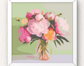 Kruissteekpatroon pioenrozen: modern bloemdessin (pdf-download)