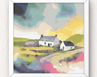 Scottish Croft Cross Stitch Pattern: Watercolor Landscape (PDF Download)