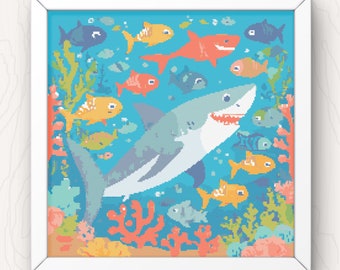 Cross Stitch Pattern Shark modern pdf instant digital download colourful sea life counted cross stitch chart 200x200 stitches full coverage